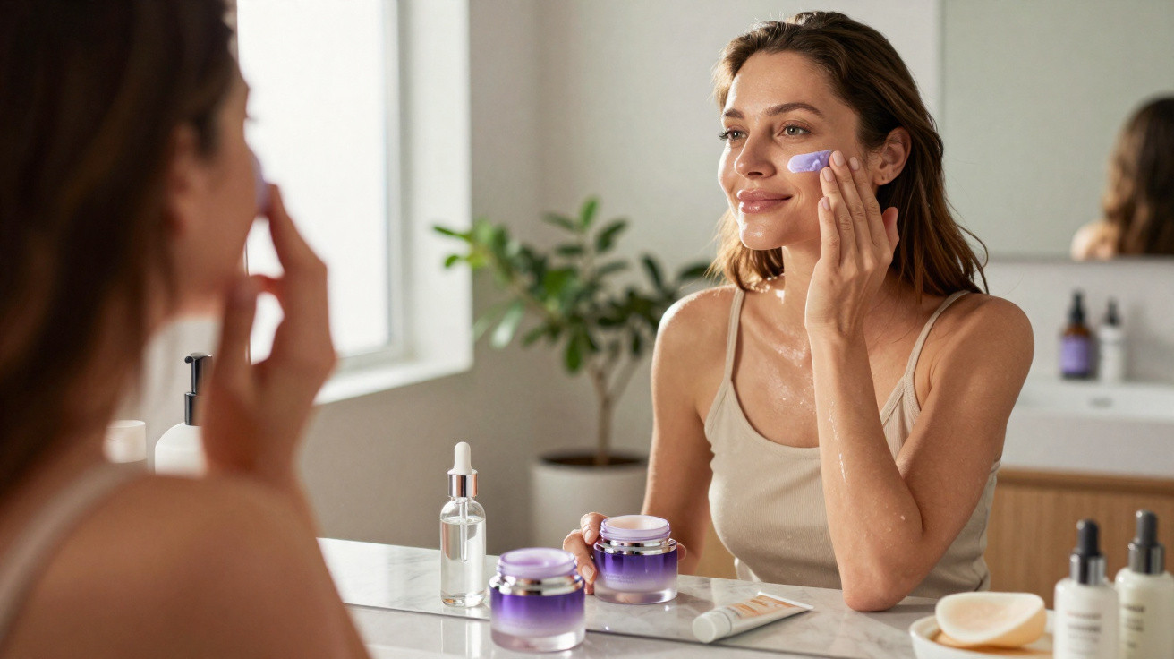 Woman wearing a beige top applying purple face cream in front of a bathroom mirror with skincare products on the counter.