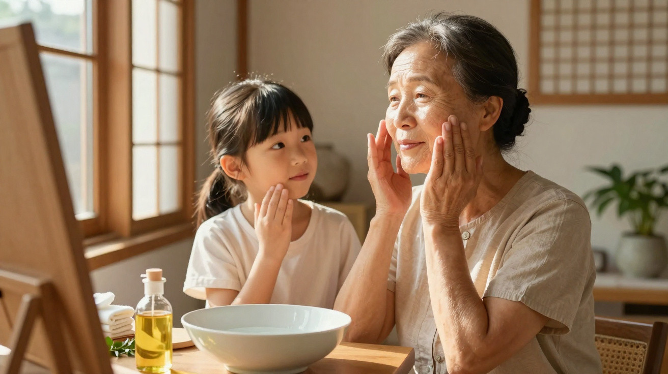 Grandmother and granddaughter applying skincare in sunlit room at wooden table next to window.
