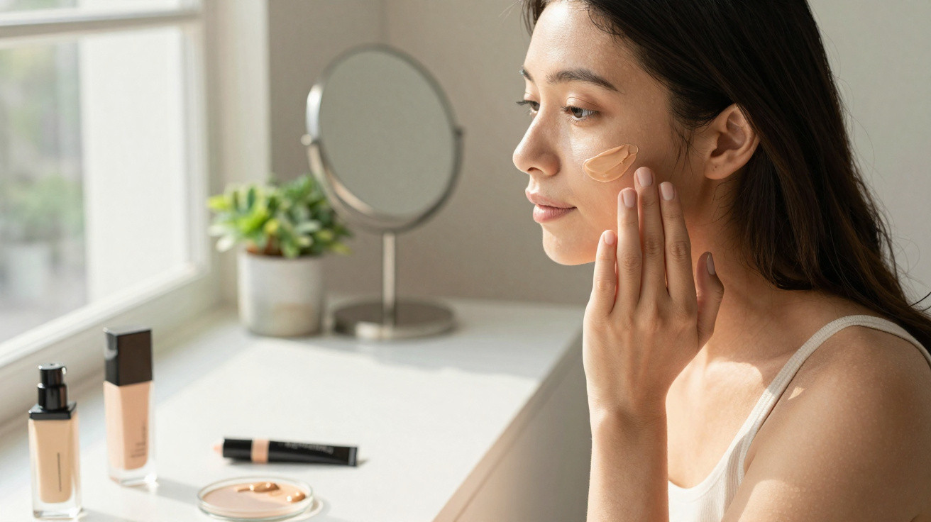 Woman applying foundation to her cheek in front of a mirror on a bright vanity table with makeup products.