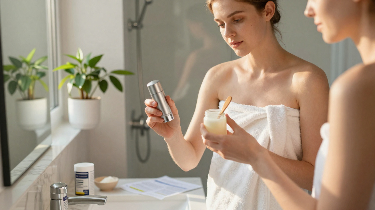 Woman wrapped in a towel applying skincare products in a bright bathroom with plants on the windowsill.