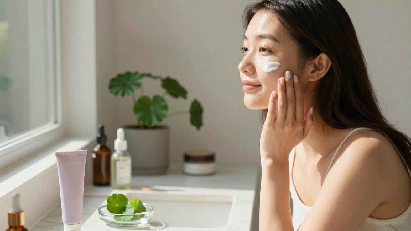 Young woman applying cream to her cheek in a bright bathroom with skincare products on the counter.