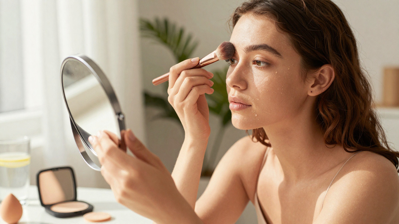 Young woman applying makeup using a brush and hand mirror at a bright vanity table.