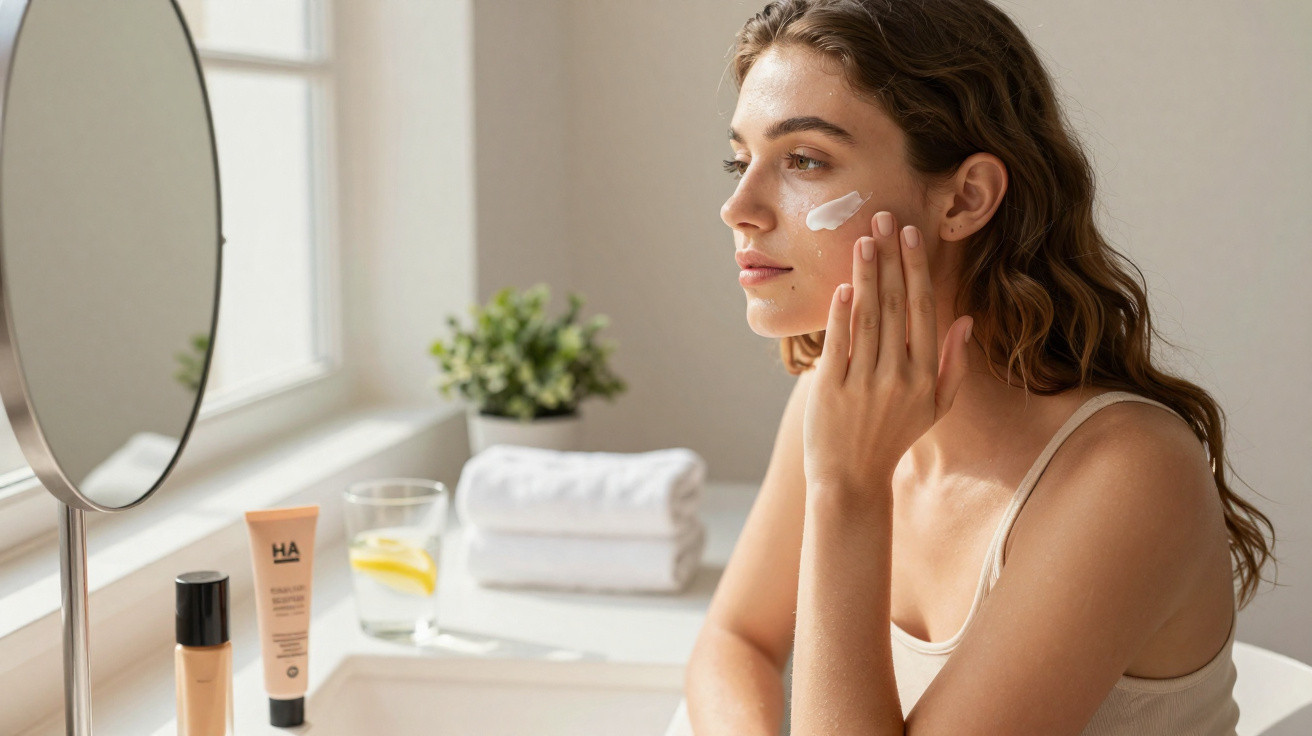 Young woman applying moisturiser cream to her face in a bright bathroom with skincare products nearby.