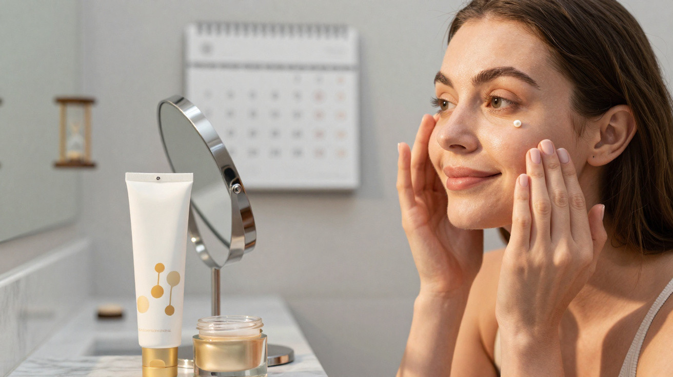 Woman applying cream to her face in a bathroom with skincare products and a mirror on the counter.