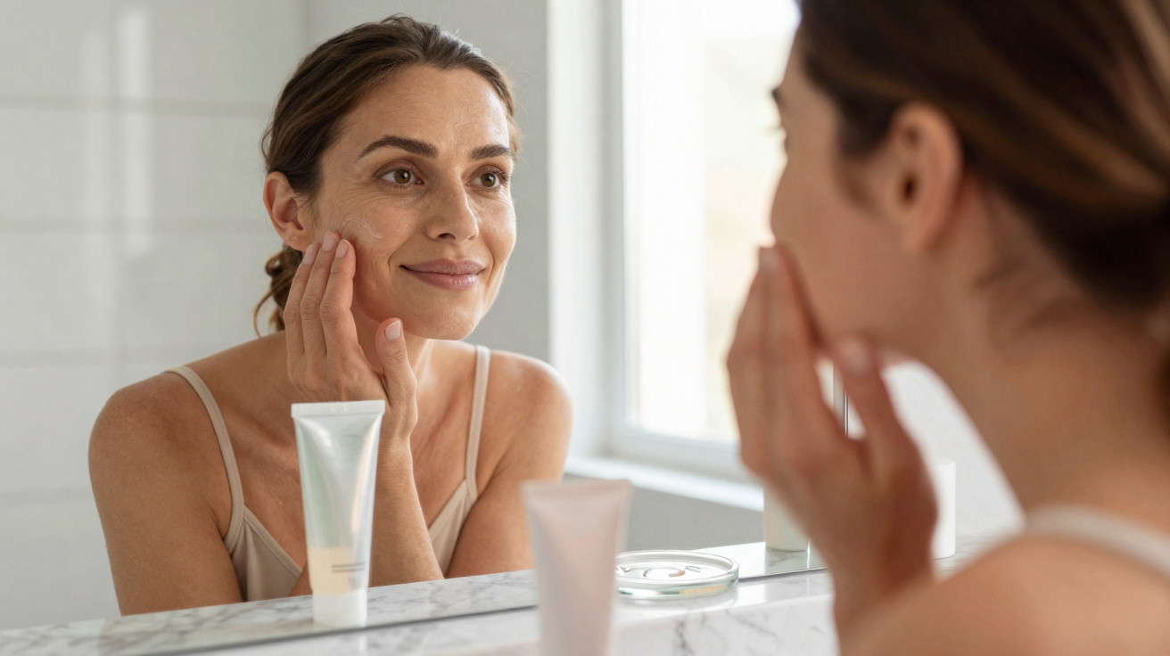 Woman applying cream to her face in front of a bathroom mirror with skincare products on the counter.