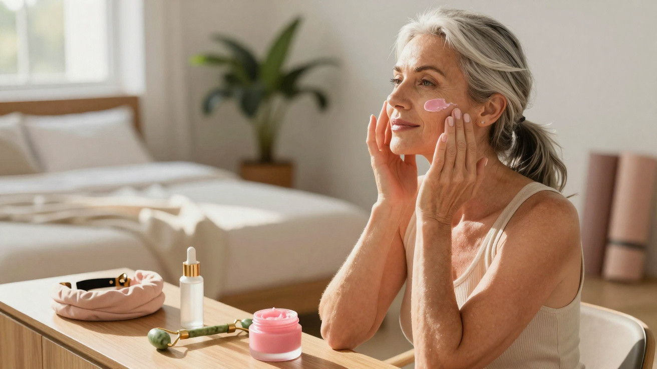 Mature woman applying pink facial cream at bedroom vanity with skincare products and jade roller.