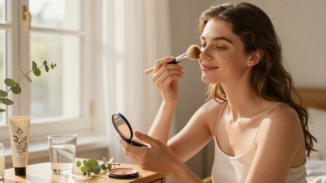 Young woman applying makeup with a brush while holding a compact mirror at a wooden table by the window.