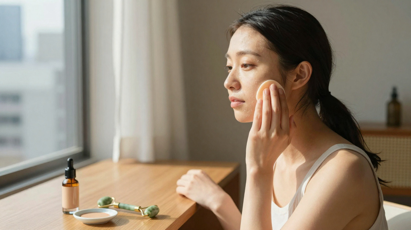 Young woman applying makeup with a sponge near a window on a wooden vanity table with skincare products.