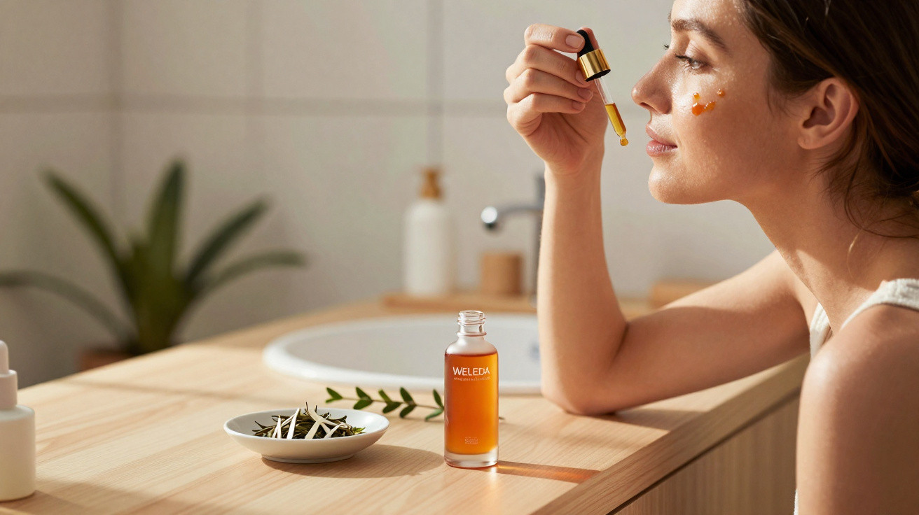 Woman applying facial oil serum with dropper in a bright, natural bathroom setting
