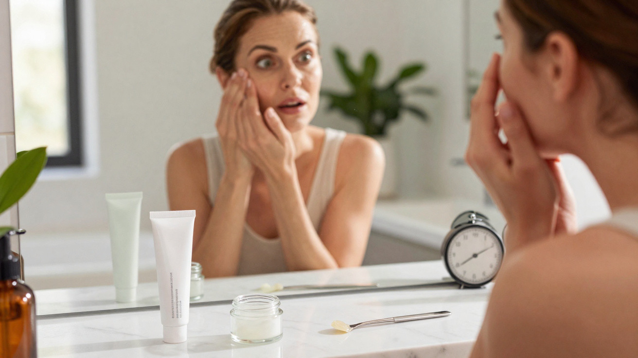 Woman examining her face in mirror while applying skincare cream in bright bathroom.