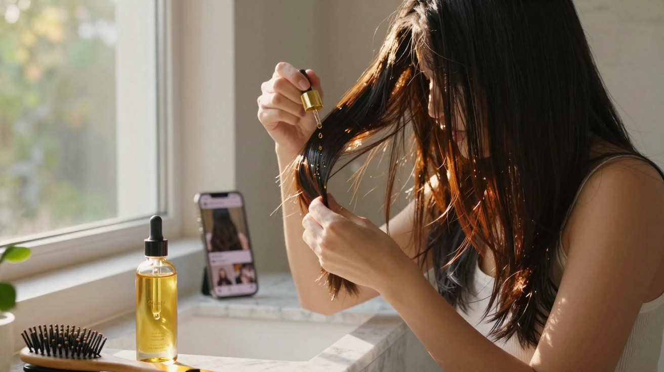 Woman applying hair oil with dropper while watching tutorial on smartphone by window in natural light