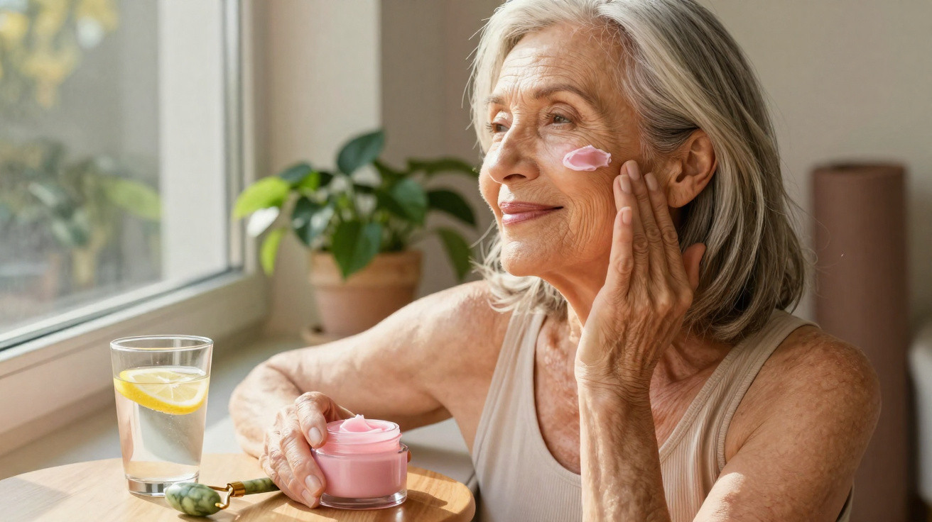 Elderly woman applying pink face cream while sitting at a table near a window with a glass of lemon water.