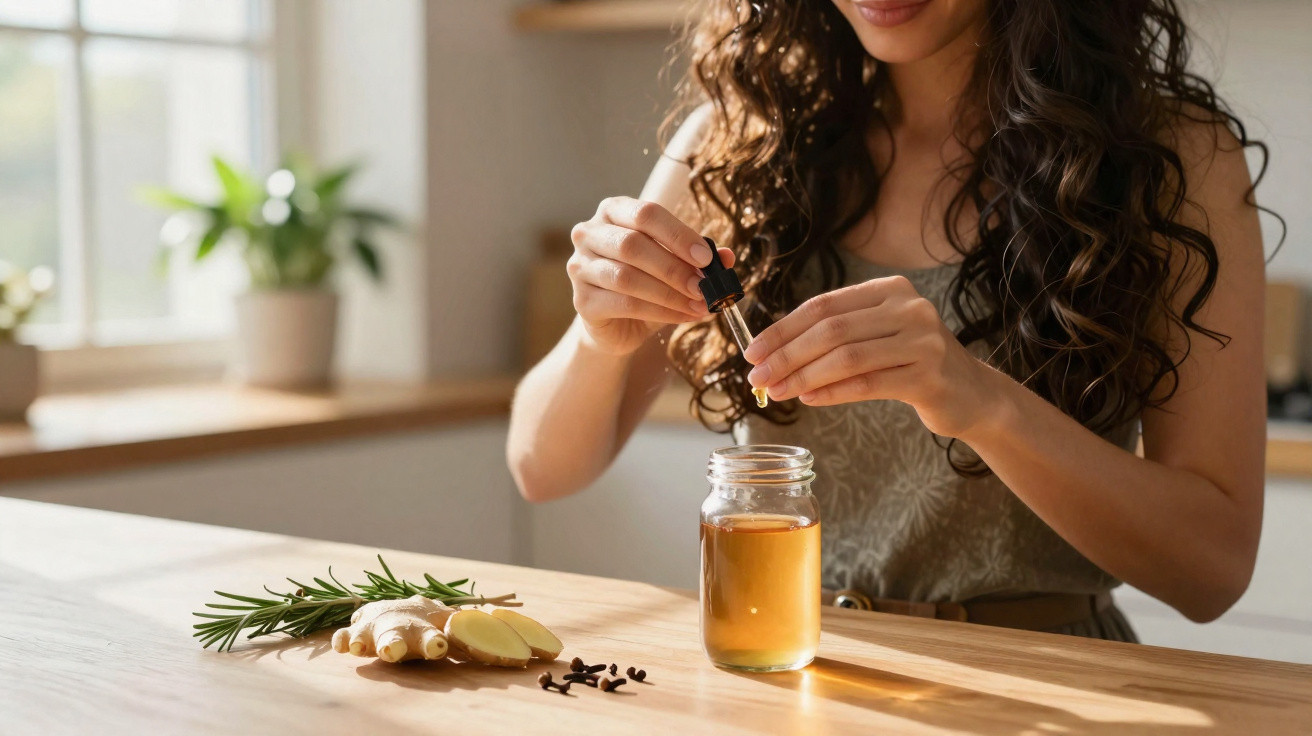 Woman using dropper to add liquid into jar on wooden table with herbs and spices nearby in sunlit room
