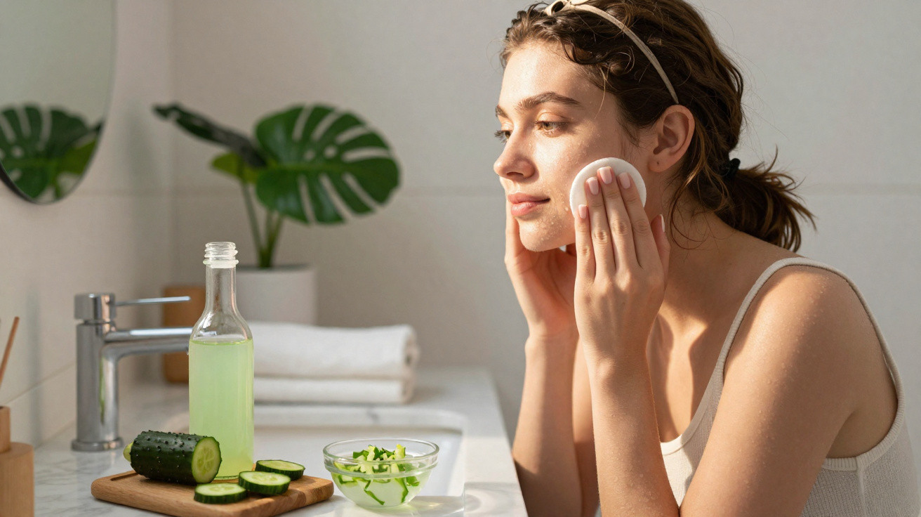 Woman cleansing her face with a cotton pad in a bathroom with skincare products and sliced cucumber nearby.