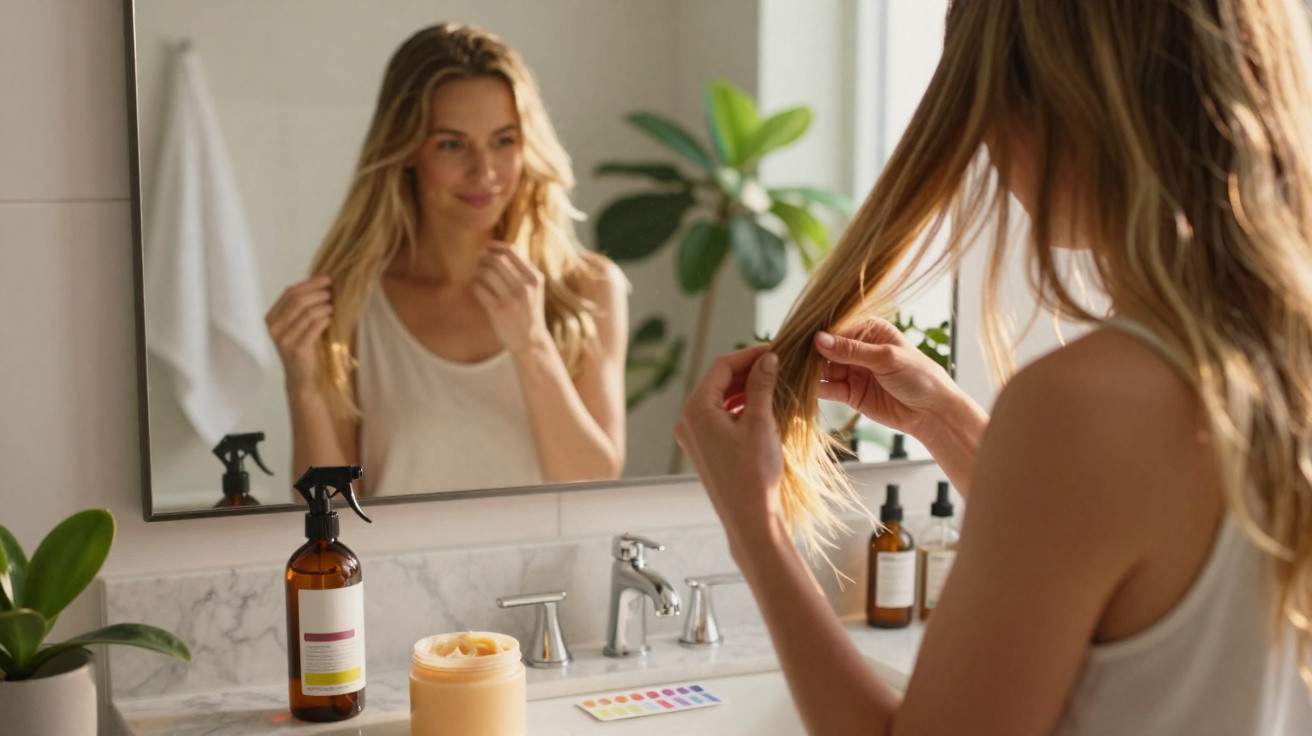 Woman examining her blonde hair in a bathroom mirror with hair care products on the counter.