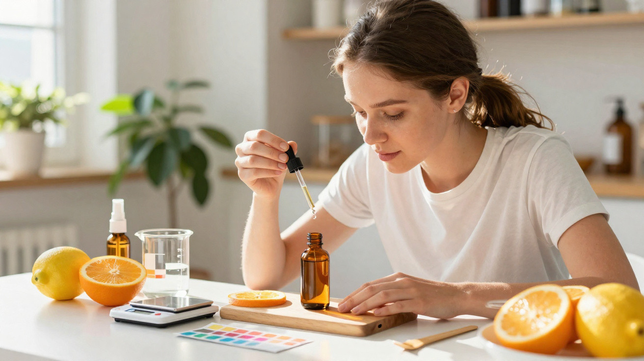 Young woman using a dropper to place liquid into a brown bottle at a bright table with citrus fruits and lab tools.