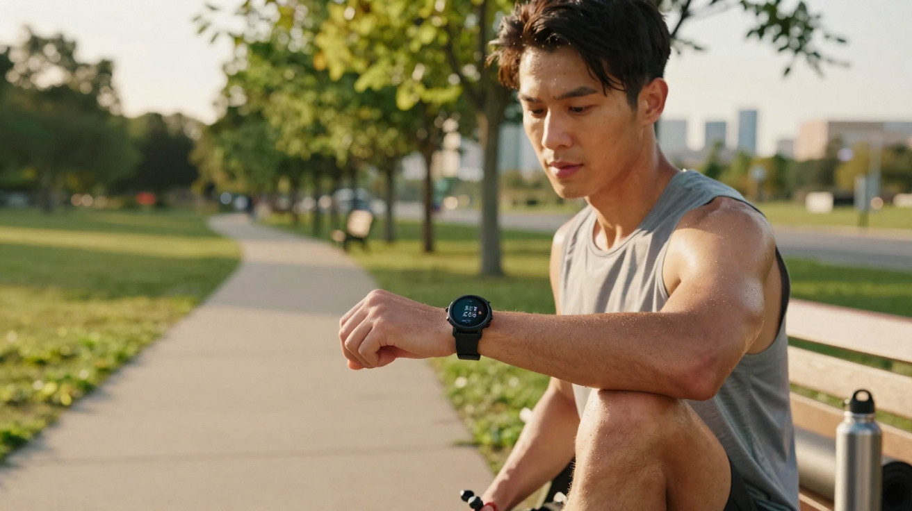 Fit young man in sleeveless top checking smartwatch while resting on a bench in park on a sunny day.