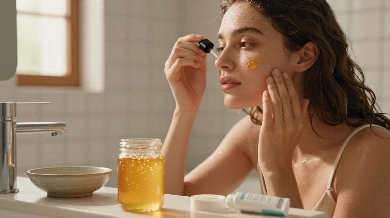 Woman applying facial serum from a dropper to her cheek in a bathroom with honey jar nearby