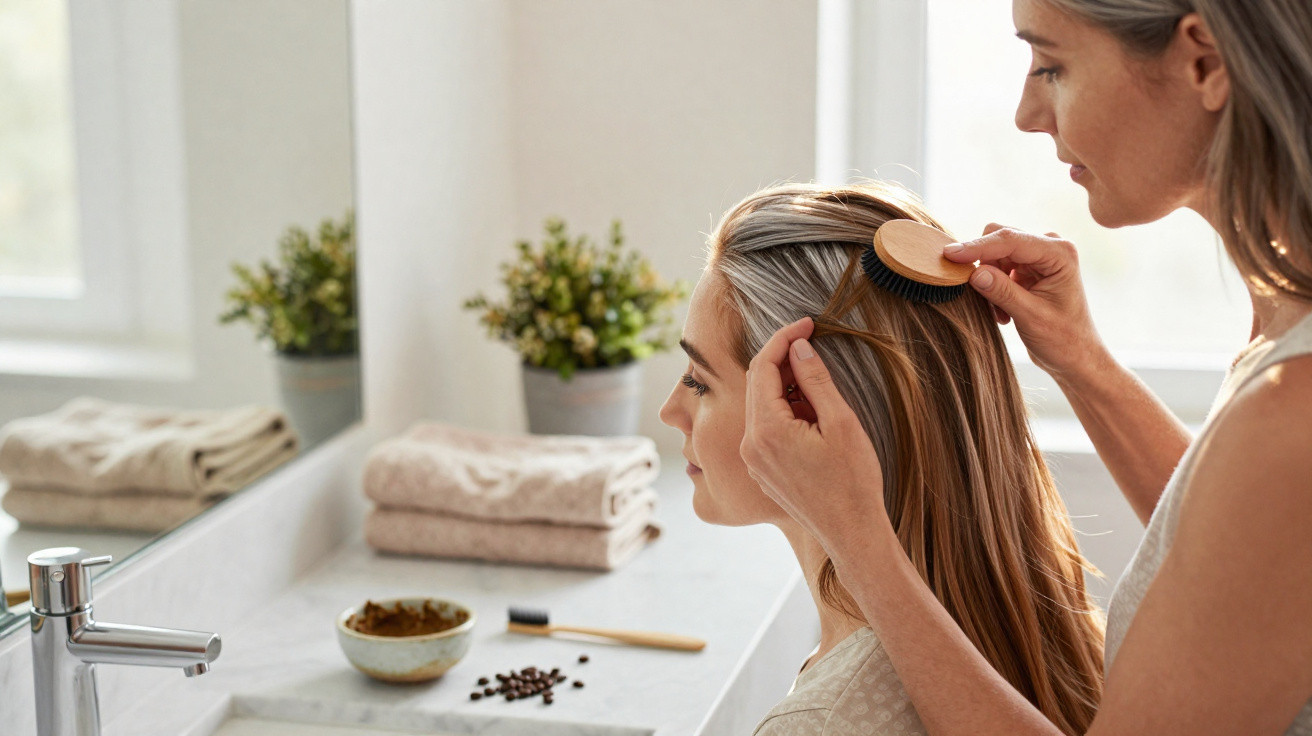 Woman brushing another woman's long hair in a bright bathroom with towels and plants on the counter.