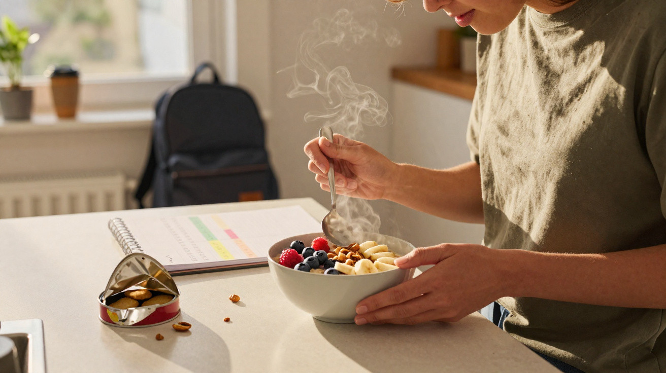 Person holding a steaming bowl of fruit and nuts with a notebook and bag on a kitchen counter.