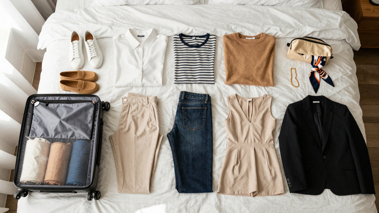 Casual and smart clothes including shoes, tops, trousers, jacket, accessories, and packed suitcase on a bed.