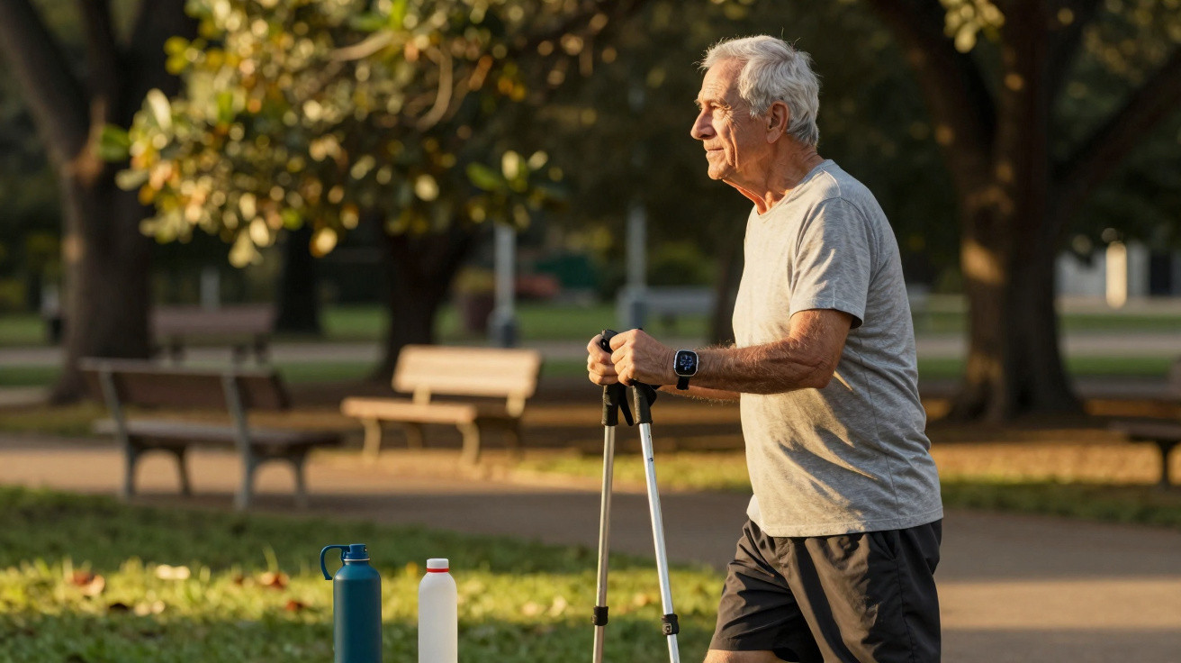 Elderly man walking with poles in a park during sunset, dressed in sportswear and a smartwatch.