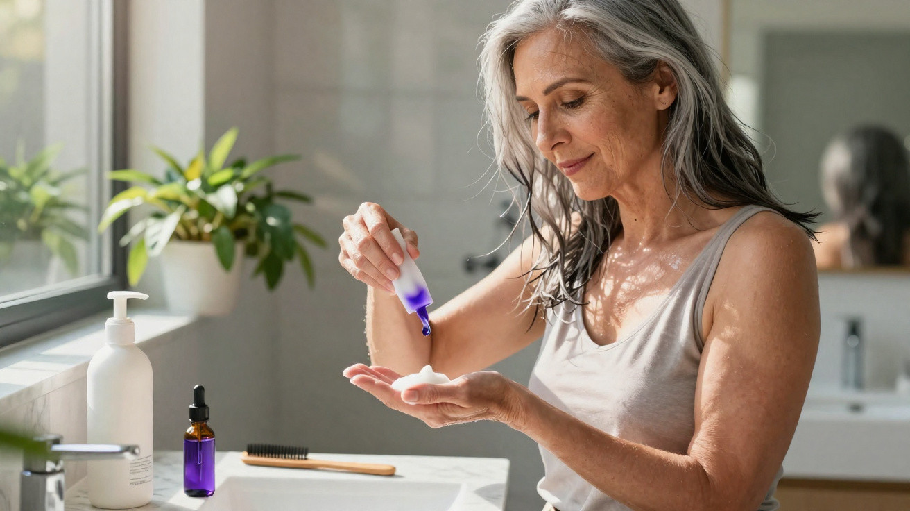 Mature woman applying skincare serum to foam on palm in bright bathroom with plants and mirror.