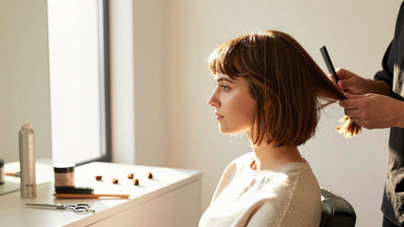 Woman with short brown hair getting her hair done by a stylist in a bright salon by a window.