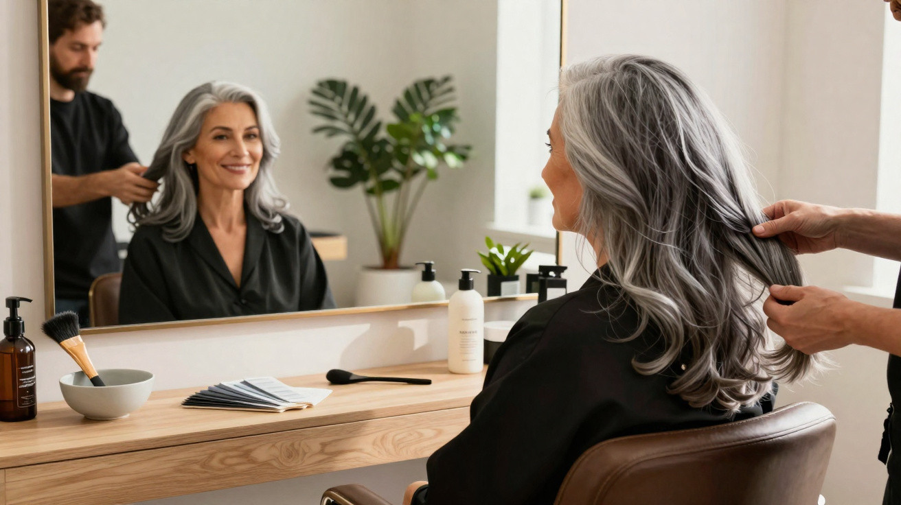 Woman with grey hair getting her hair styled at a salon, smiling at her reflection in the mirror.