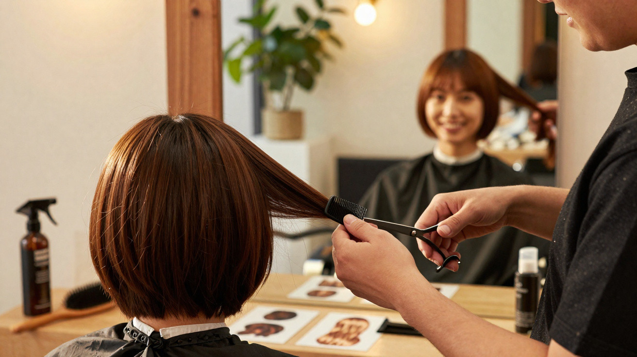 Hairdresser cutting a woman’s short brown hair in a salon with styling tools on the table.