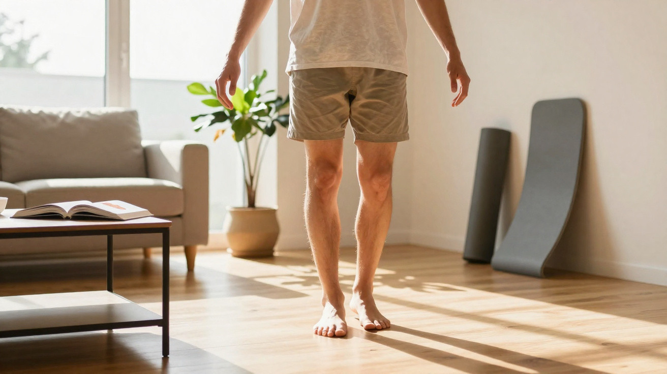 Barefoot person in shorts standing on a wooden floor in a sunlit living room with a sofa and plant.
