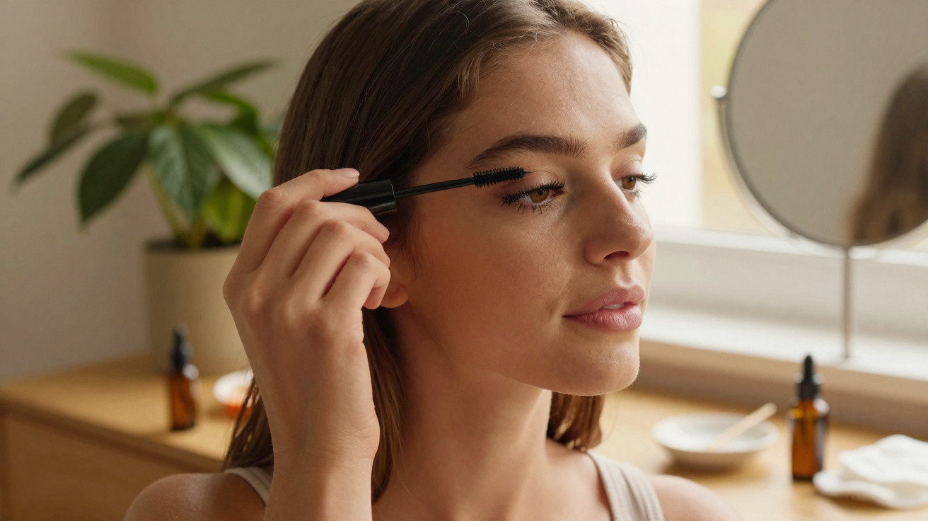 Young woman applying mascara in front of a mirror in a softly lit room with a plant in the background.