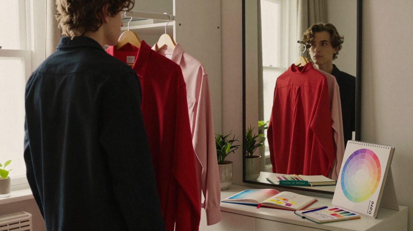 Young man choosing between red and pink shirts in front of a mirror in a bright room with plants and colour charts.