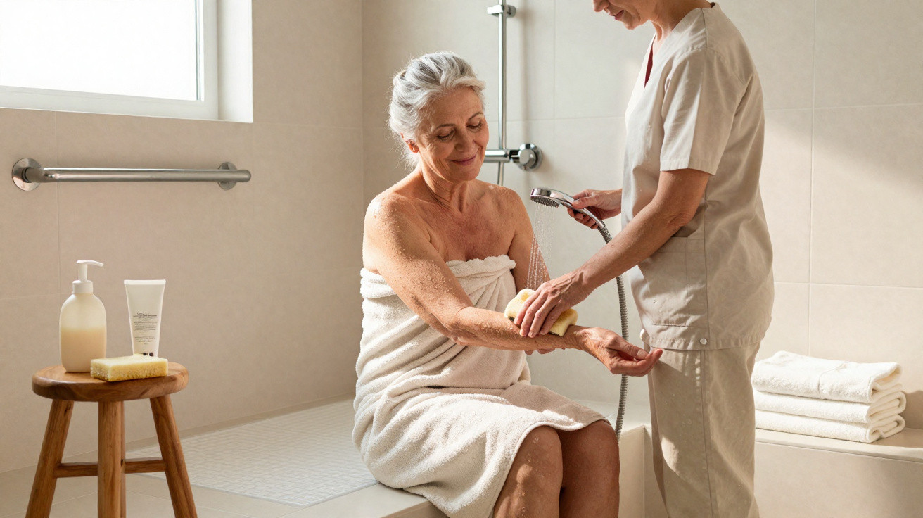 Caregiver assisting elderly woman wrapped in towel with arm washing in a bathroom setting.