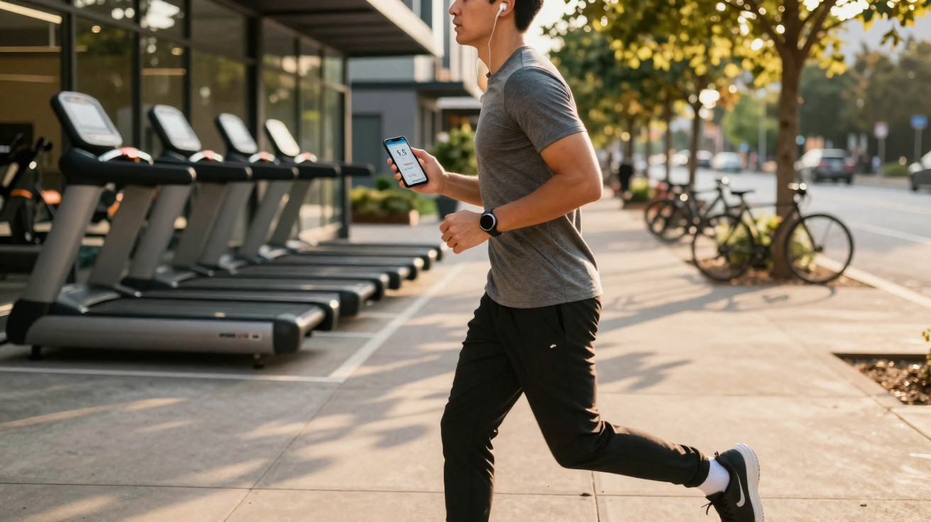 Man jogging outdoors near gym treadmills, wearing earphones and checking fitness app on smartphone.