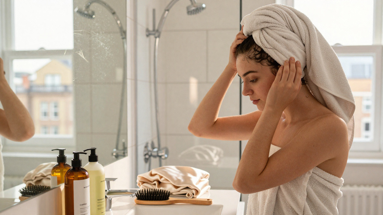 Woman with a towel wrapped around her body and hair adjusting a towel turban in a modern bathroom.