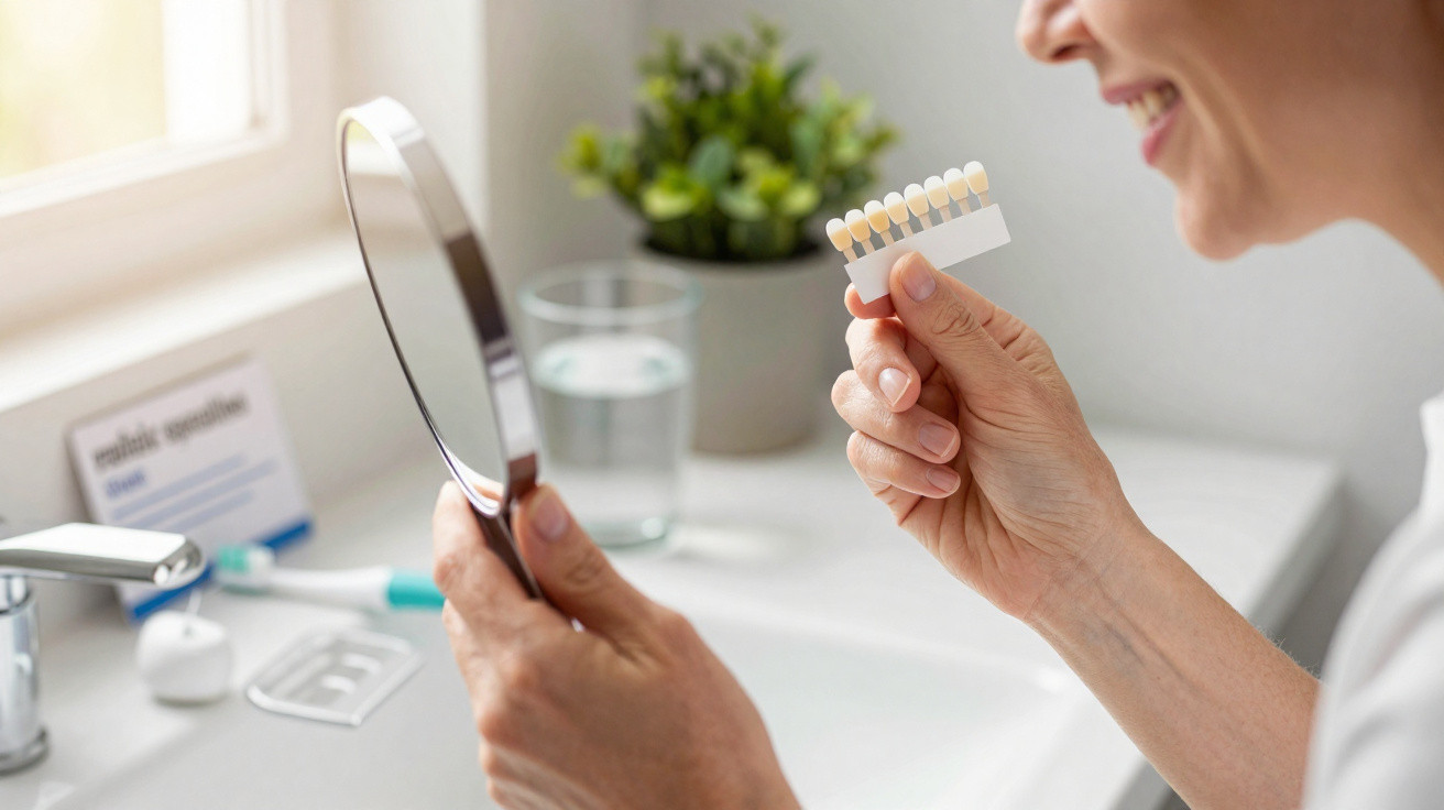 Person holding a dental shade guide and a mirror, comparing tooth colour in a bathroom setting.
