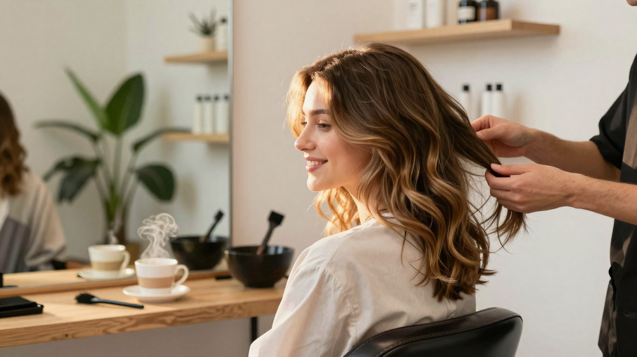 Woman smiling while hairstylist styles her wavy, shoulder-length hair in a modern salon environment.