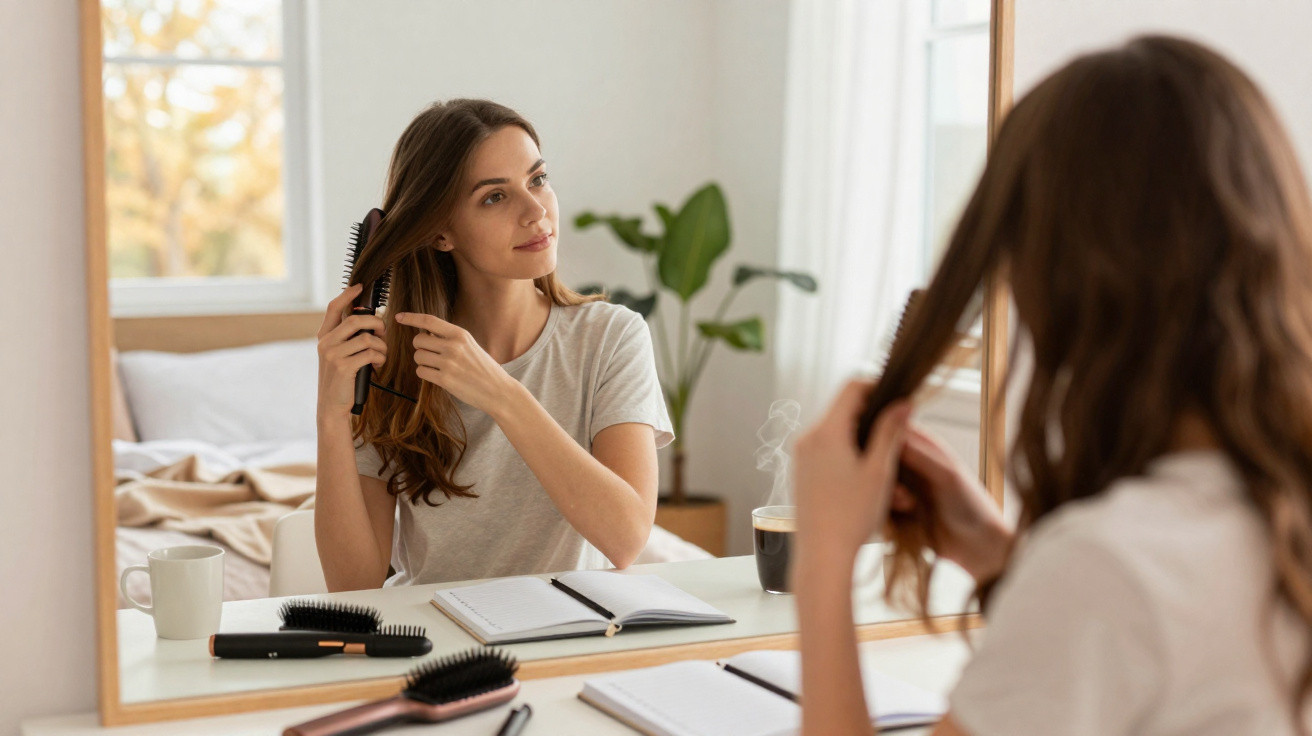 Young woman brushing her hair while looking at herself in a mirror at a tidy bedroom desk.