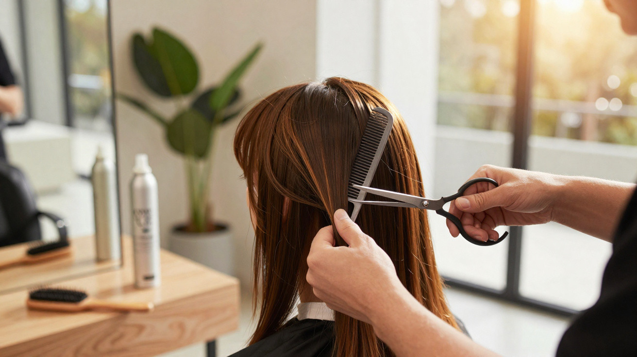 Hairdresser cutting a woman's straight brown hair using scissors and a comb in a bright salon.