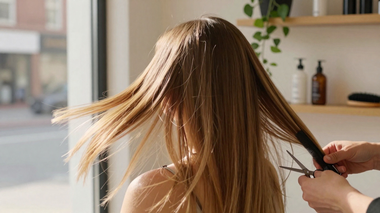 Person with long straight hair getting a haircut with scissors and comb in a bright salon by a window.