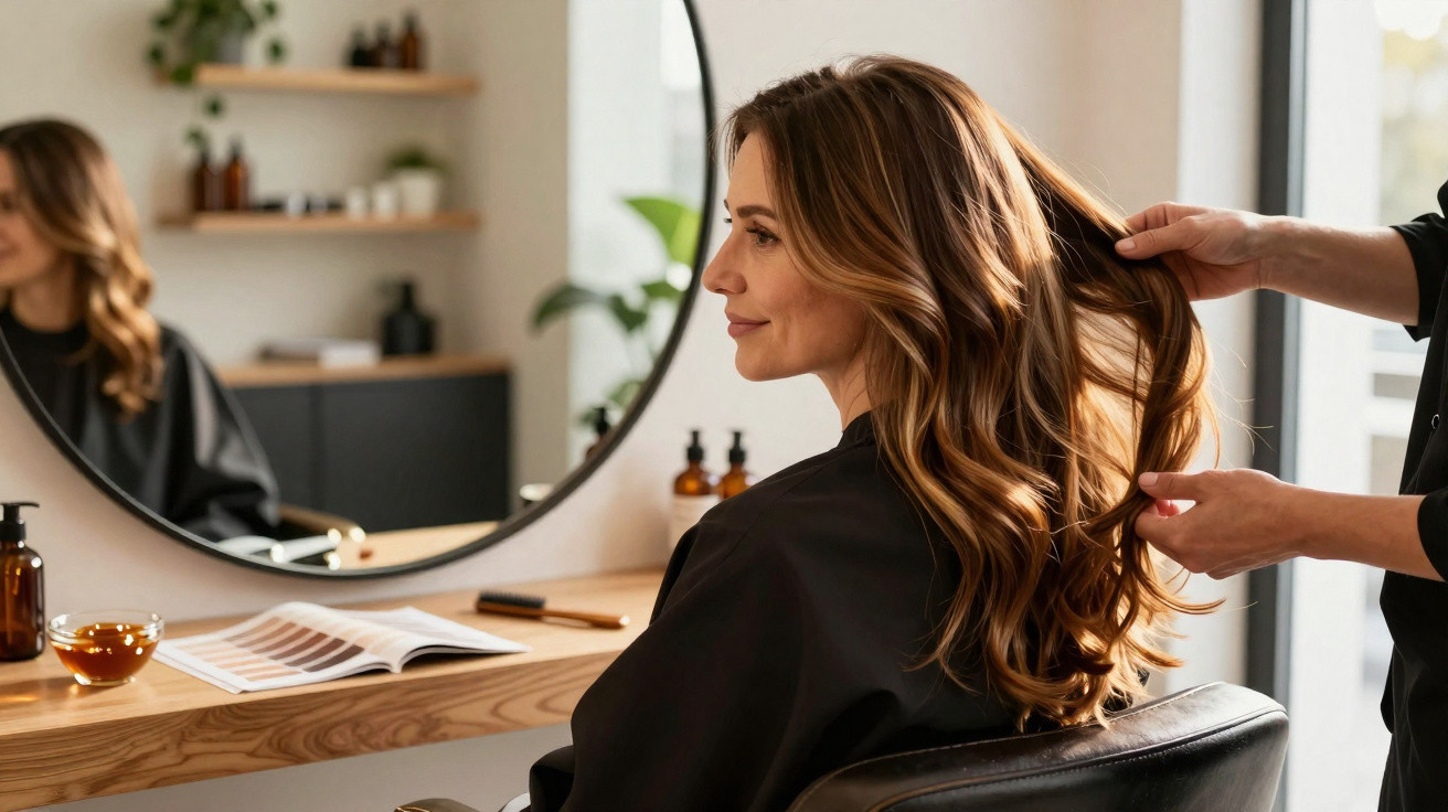 Woman with long wavy hair having it styled by a hairdresser in a salon, seated in front of a mirror.