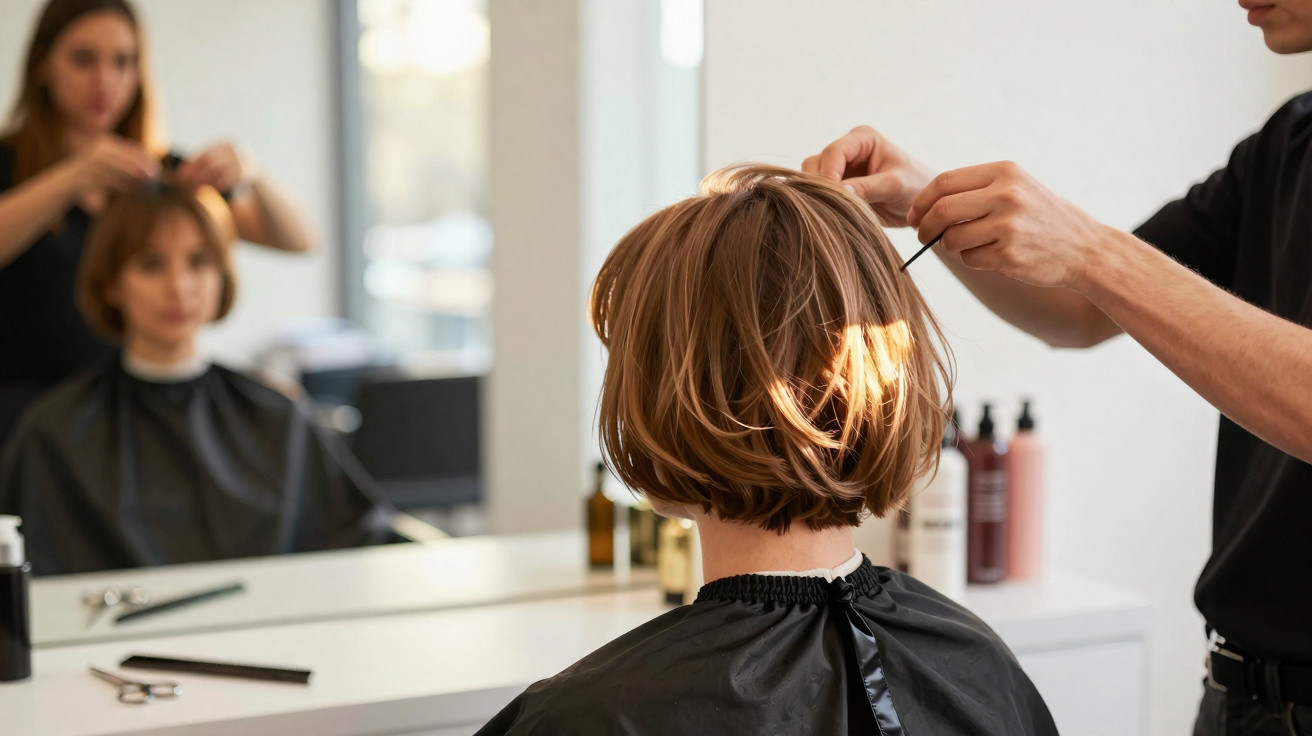 Hairdresser styling a woman's short brown hair in a modern salon with a large mirror and hair products on the counter.