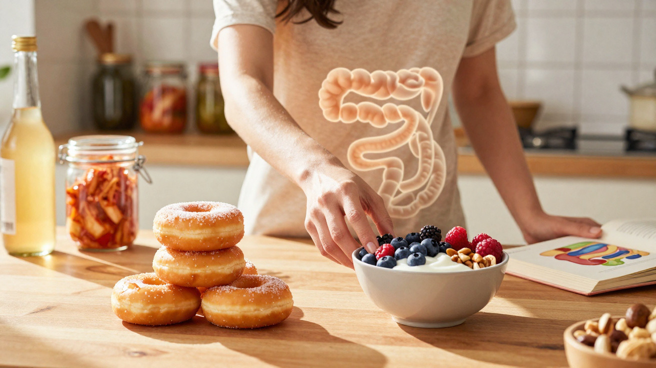 Person choosing healthy fruit bowl over sugary doughnuts with digestive system overlay in kitchen setting.