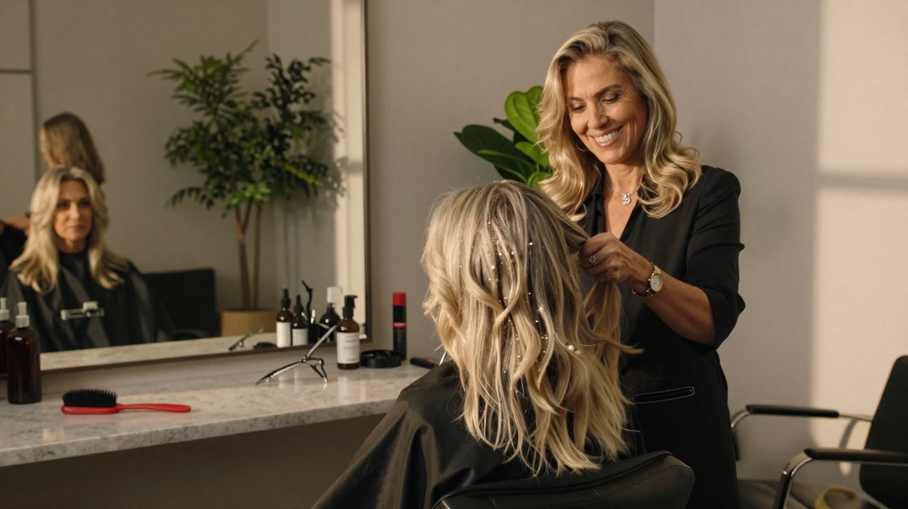 Hairdresser styling a seated woman’s blonde hair in a modern salon with a large mirror and plants.