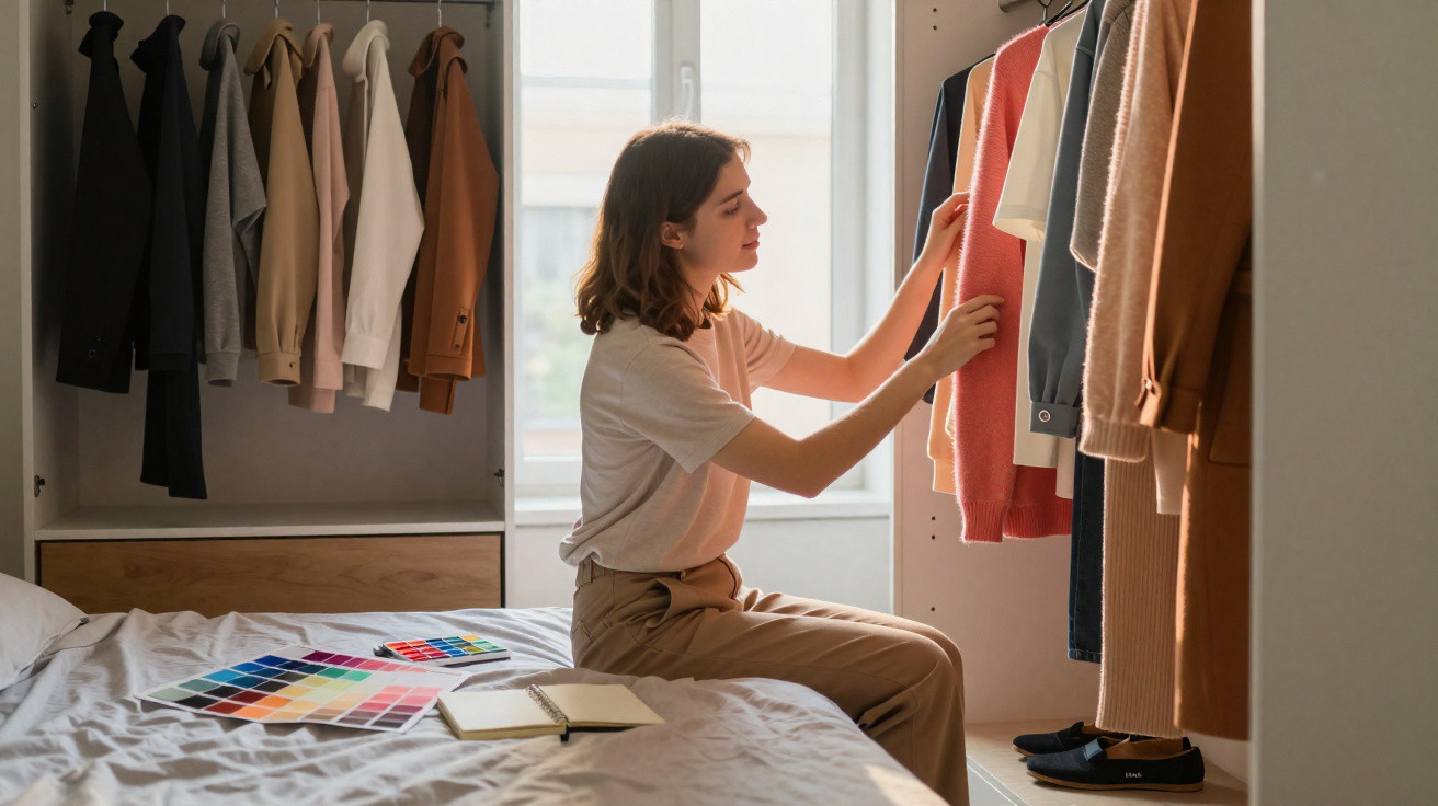 Young woman sitting on bed selecting clothes from wardrobe with colour swatches and notebook nearby
