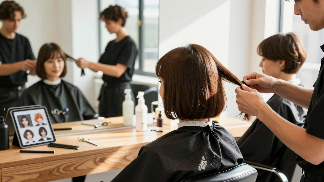 Two women sit having their hair cut by hairdressers in a bright salon with mirrors and styling products.
