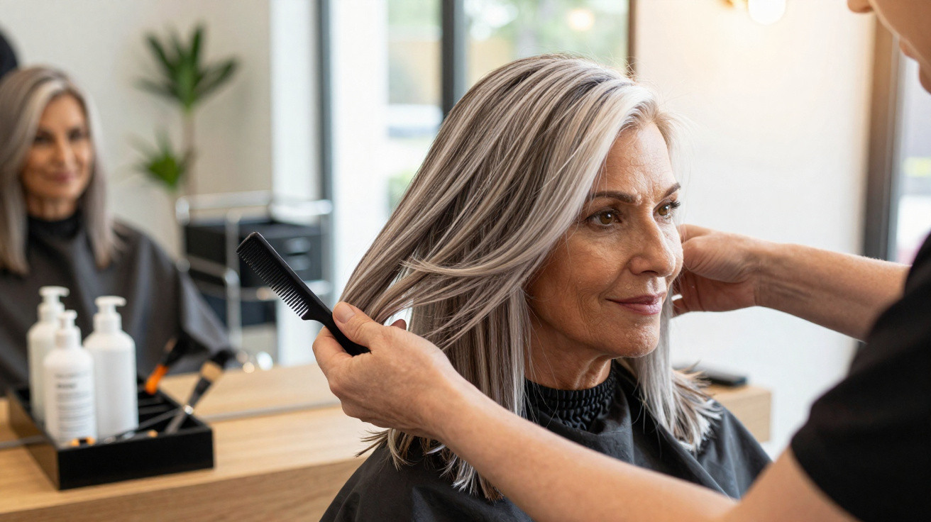 Older woman having her silver hair combed at a salon with a large mirror and hair products in the background.
