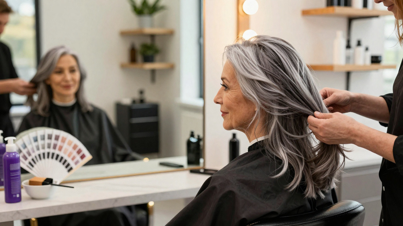 Older woman with grey hair getting a hairstyle at a modern hair salon with mirror reflection visible.