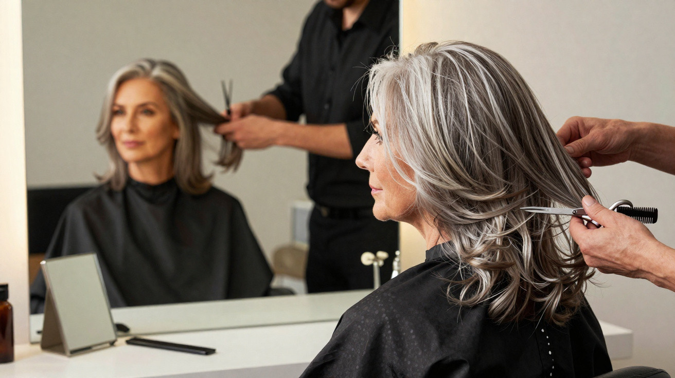 Older woman with grey hair getting a haircut in a salon, reflected in a mirror.